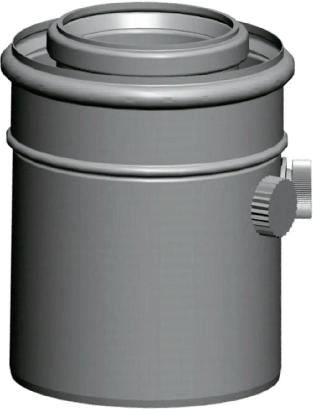 Grauer Anschluss-Adapter mit einem Messstutzen und seitlichem Einstellrad, geeignet für Standardanwendungen von Wolf.